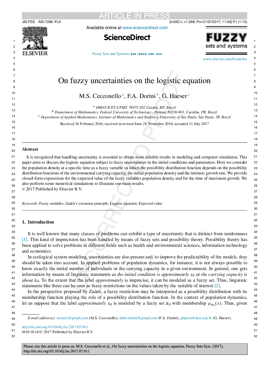 On fuzzy uncertainties on the logistic equation