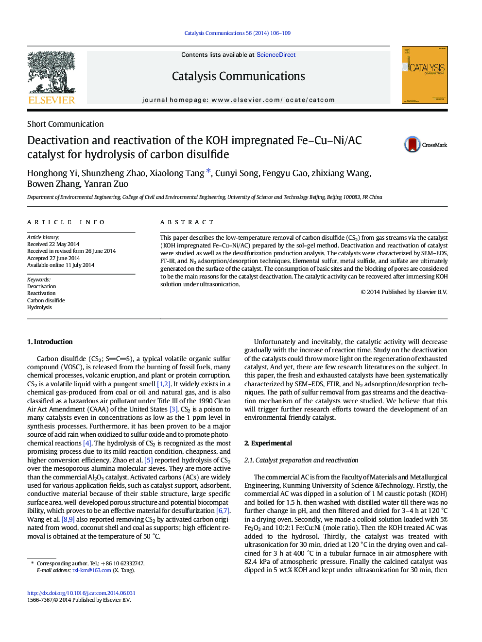 Deactivation and reactivation of the KOH impregnated Fe–Cu–Ni/AC catalyst for hydrolysis of carbon disulfide