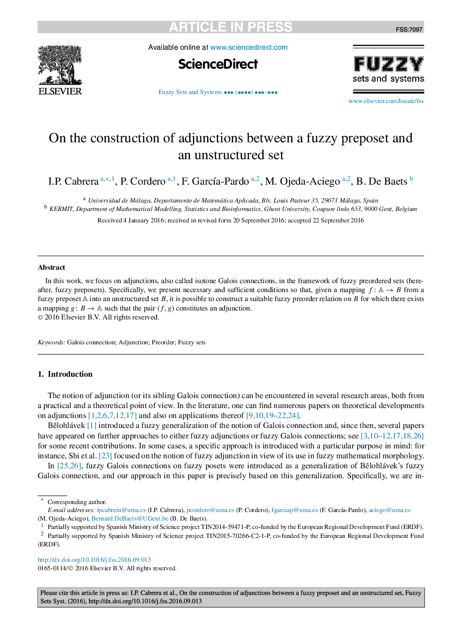 On the construction of adjunctions between a fuzzy preposet and an unstructured set