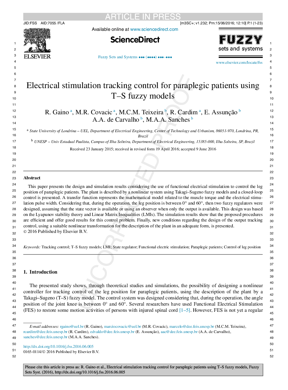 Electrical stimulation tracking control for paraplegic patients using T-S fuzzy models