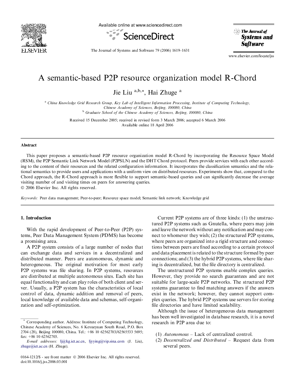 A semantic-based P2P resource organization model R-Chord