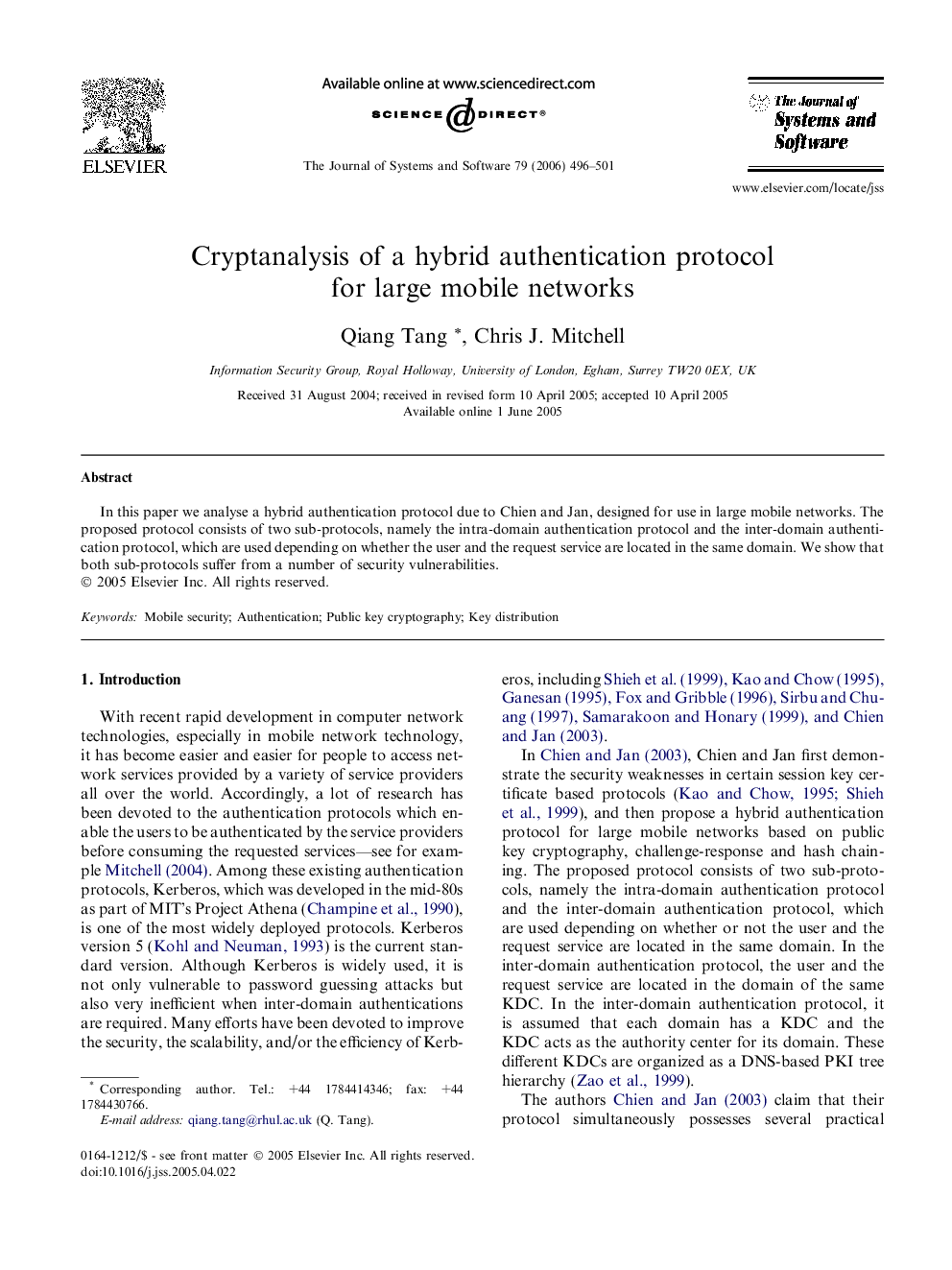 Cryptanalysis of a hybrid authentication protocol for large mobile networks