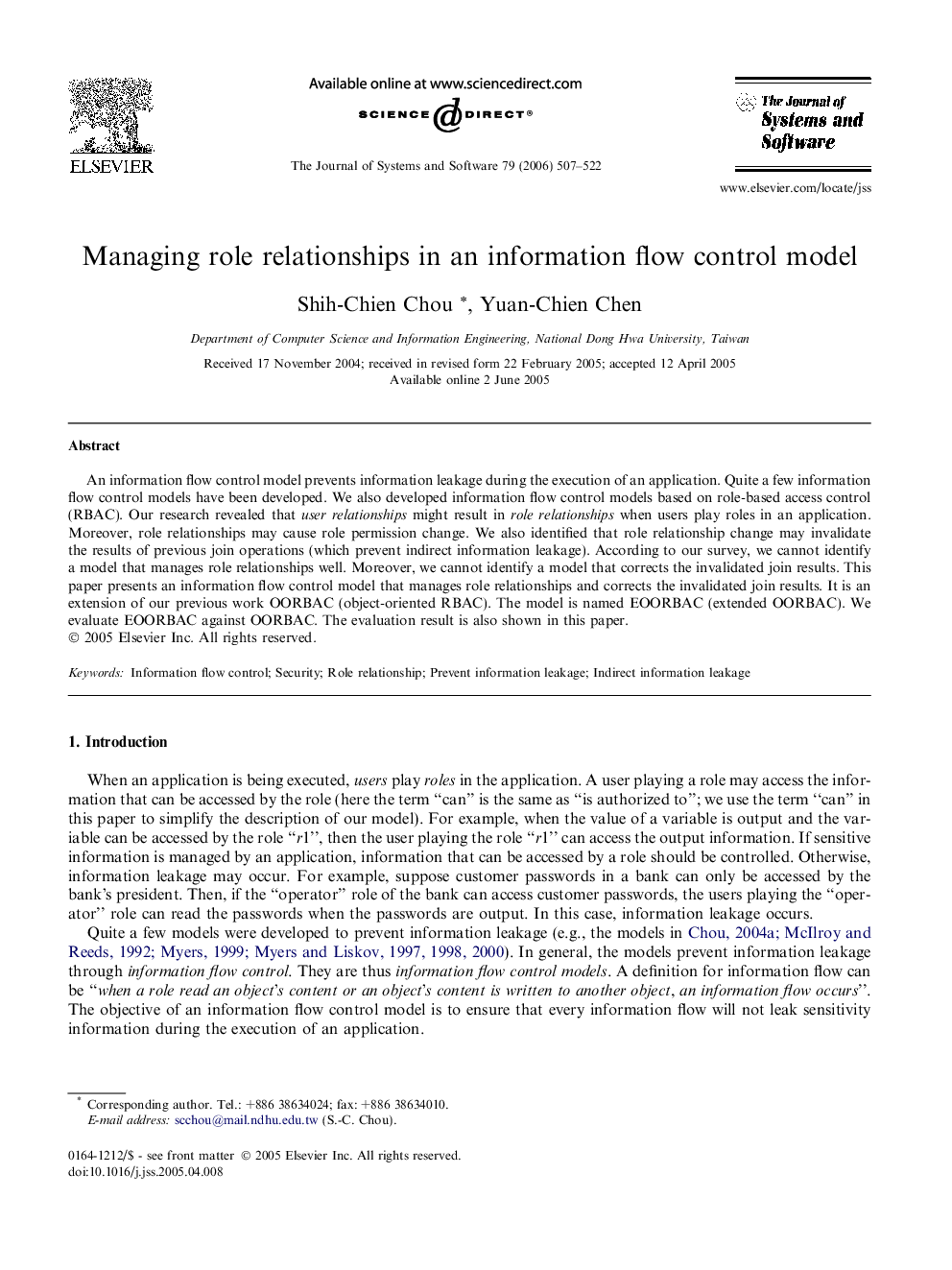 Managing role relationships in an information flow control model