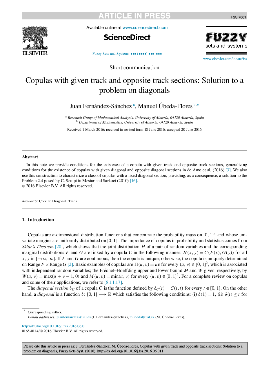 Copulas with given track and opposite track sections: Solution to a problem on diagonals