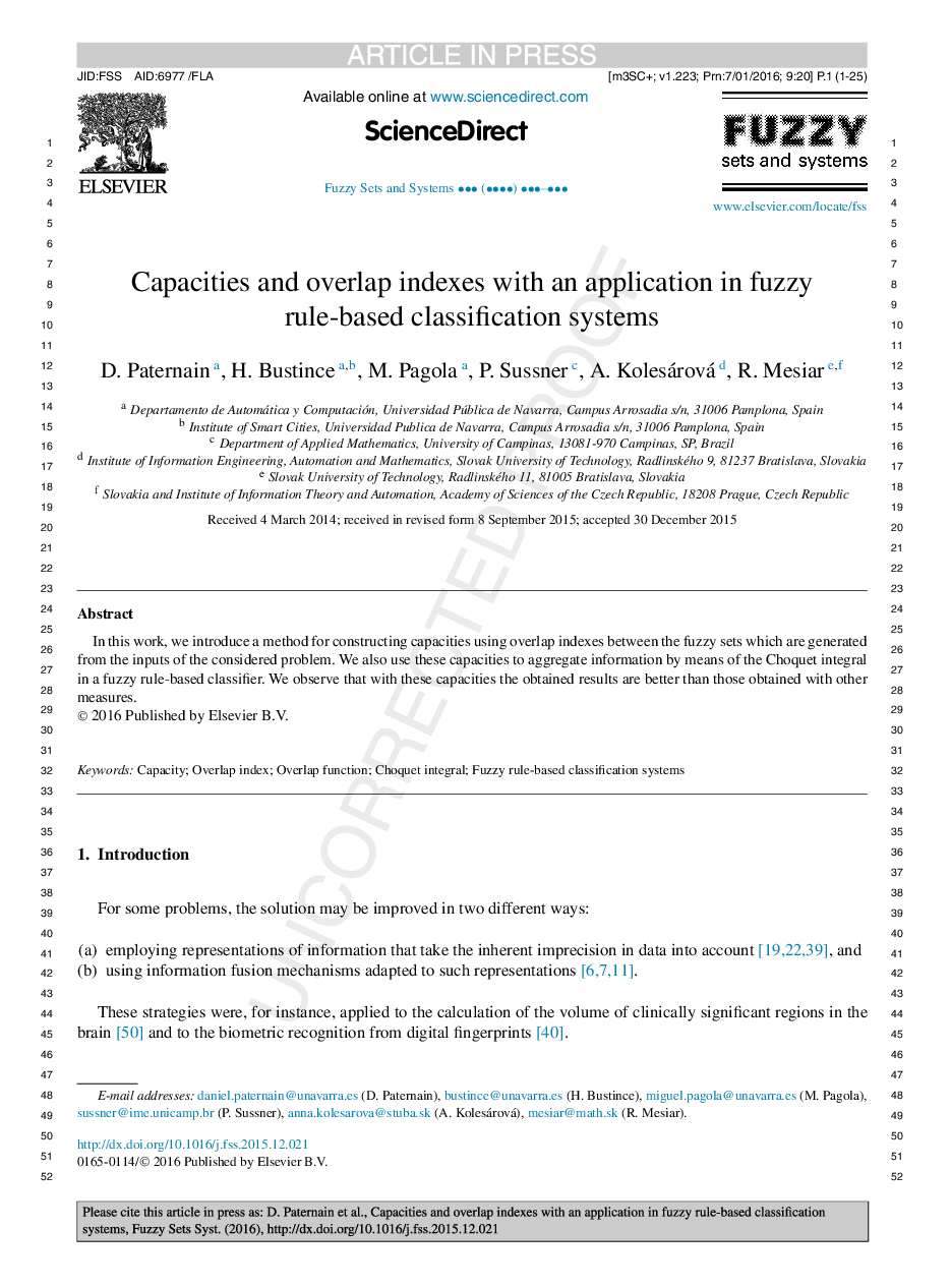 Capacities and overlap indexes with an application in fuzzy rule-based classification systems