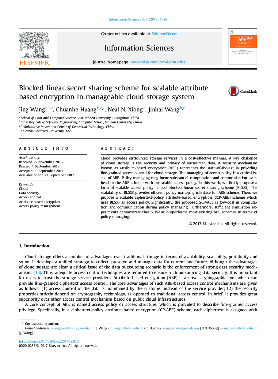 Blocked linear secret sharing scheme for scalable attribute based encryption in manageable cloud storage system