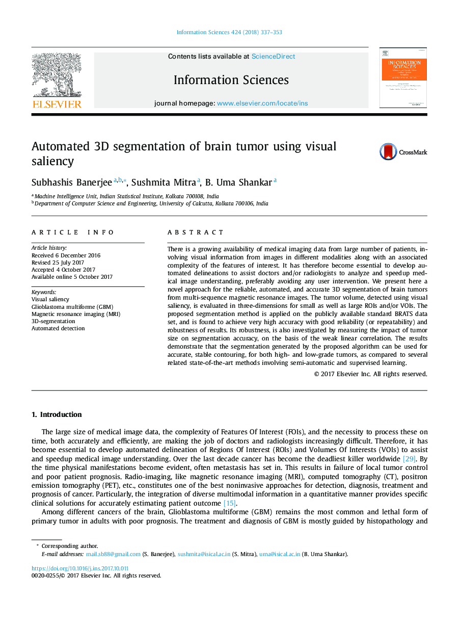 Automated 3D segmentation of brain tumor using visual saliency