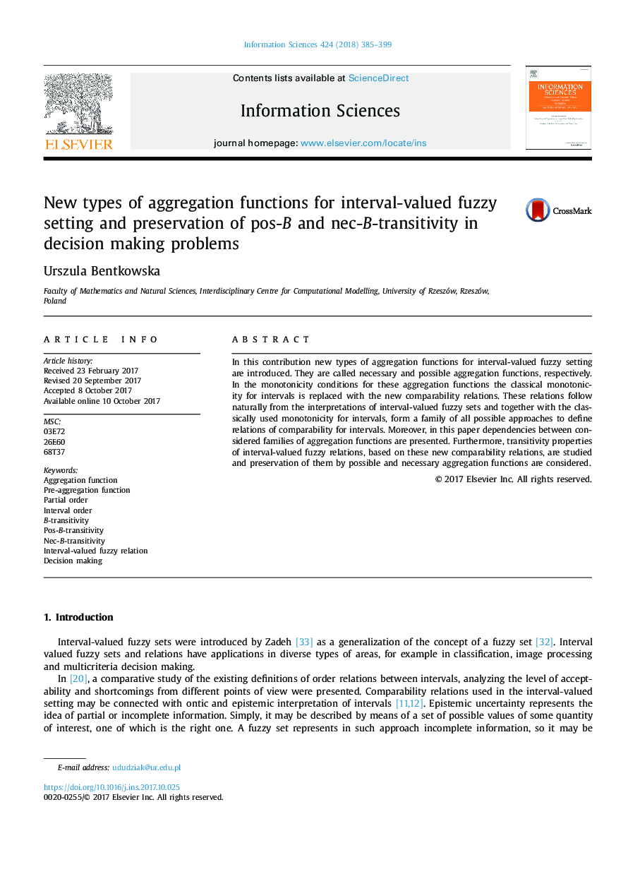 New types of aggregation functions for interval-valued fuzzy setting and preservation of pos-B and nec-B-transitivity in decision making problems