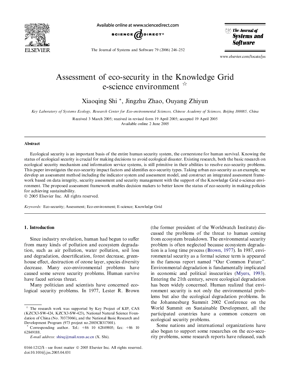 Assessment of eco-security in the Knowledge Grid e-science environment 