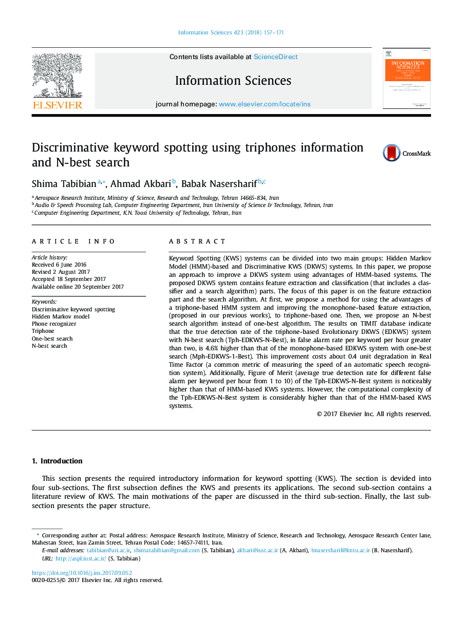 Discriminative keyword spotting using triphones information and N-best search