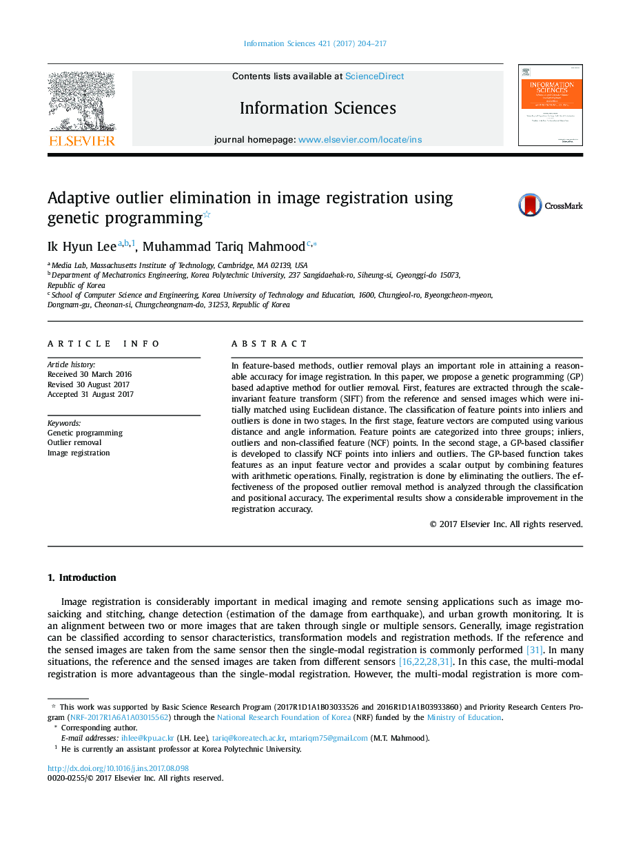 Adaptive outlier elimination in image registration using genetic programming