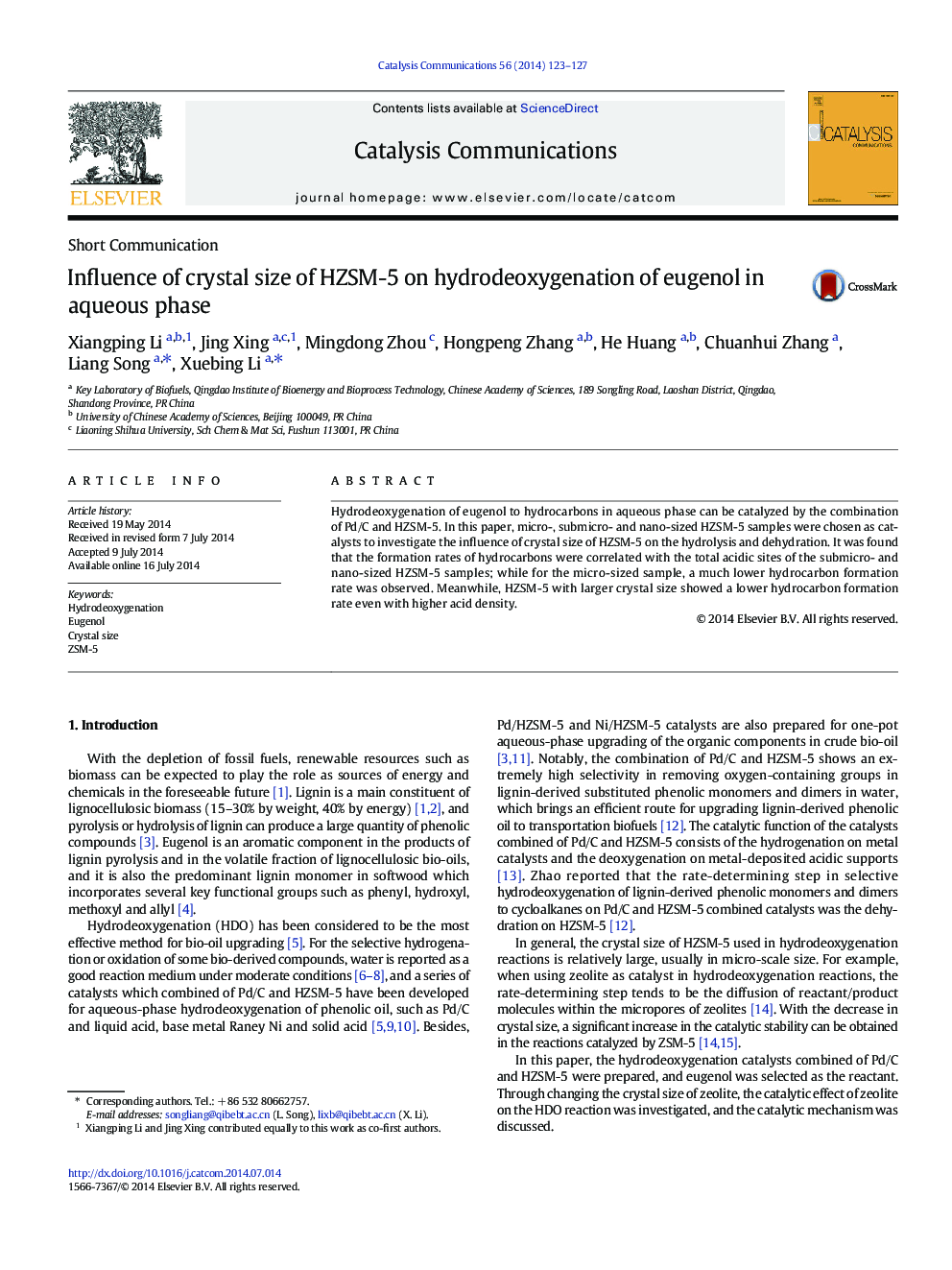Influence of crystal size of HZSM-5 on hydrodeoxygenation of eugenol in aqueous phase