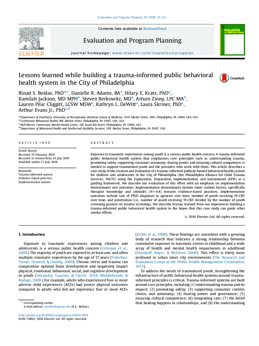 Lessons learned while building a trauma-informed public behavioral health system in the City of Philadelphia