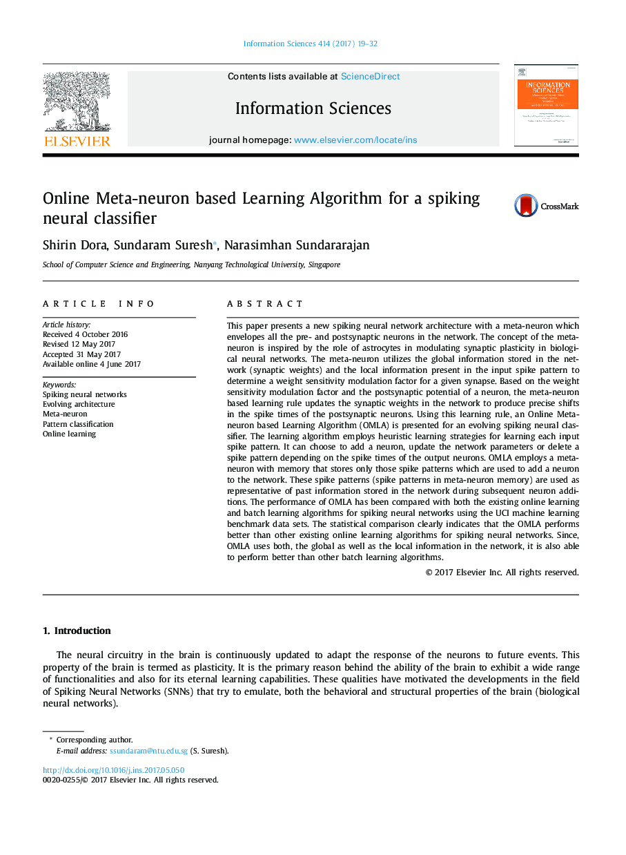 Online Meta-neuron based Learning Algorithm for a spiking neural classifier