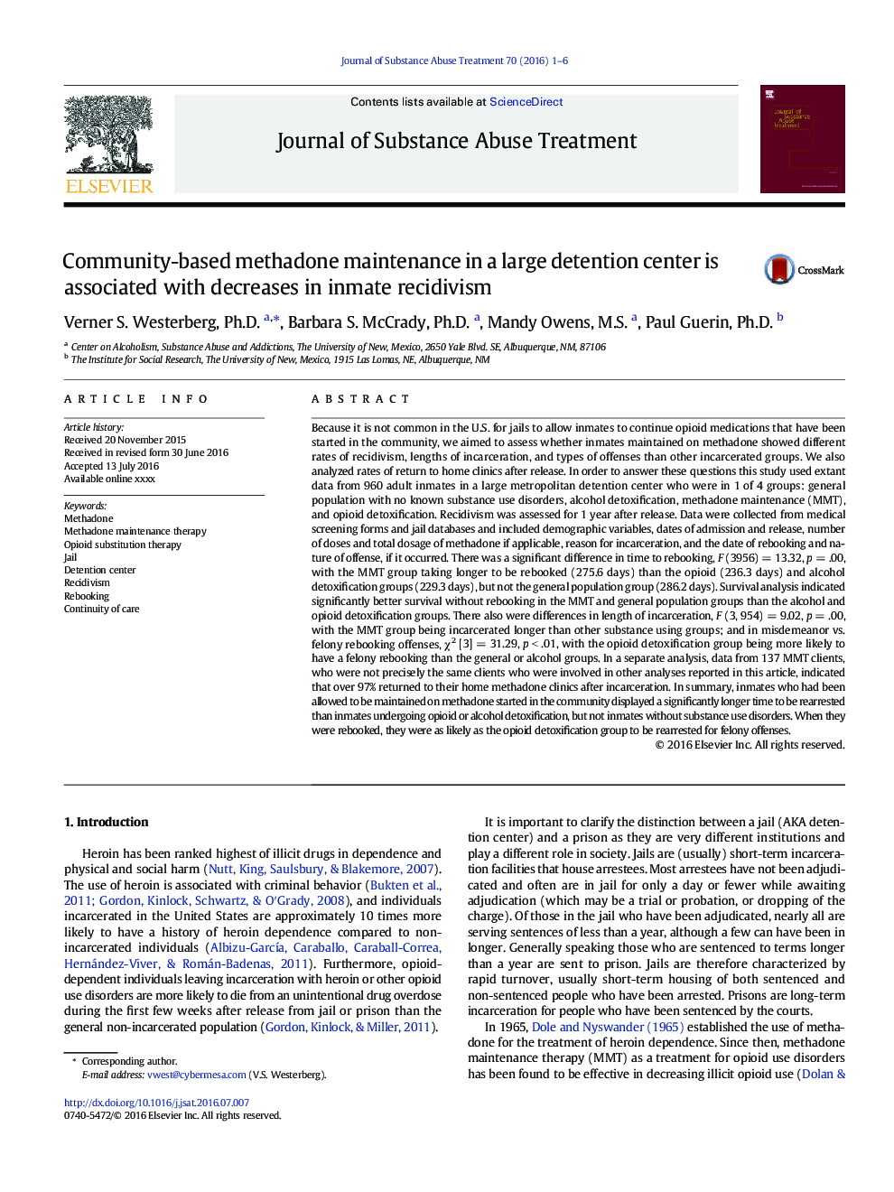 Community-based methadone maintenance in a large detention center is associated with decreases in inmate recidivism