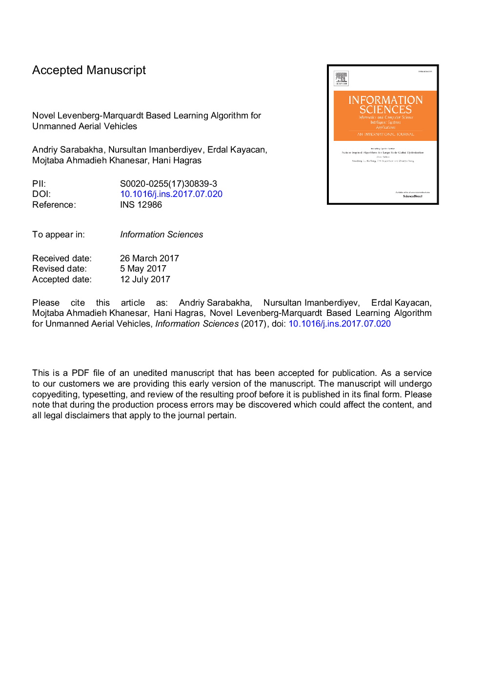 Novel Levenberg-Marquardt based learning algorithm for unmanned aerial vehicles