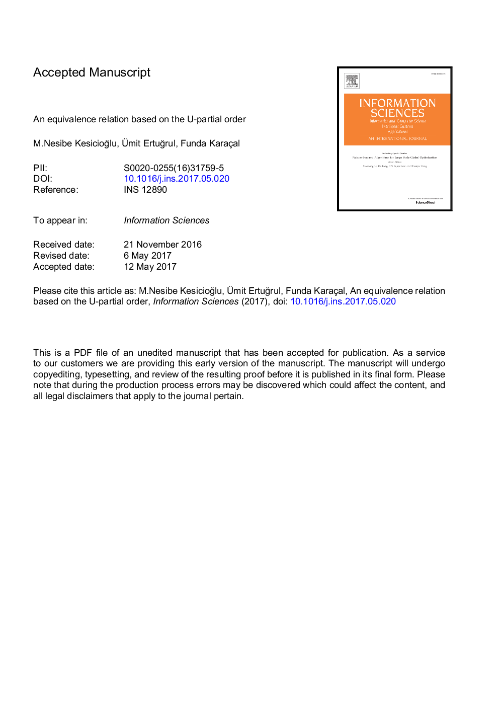 An equivalence relation based on the U-partial order