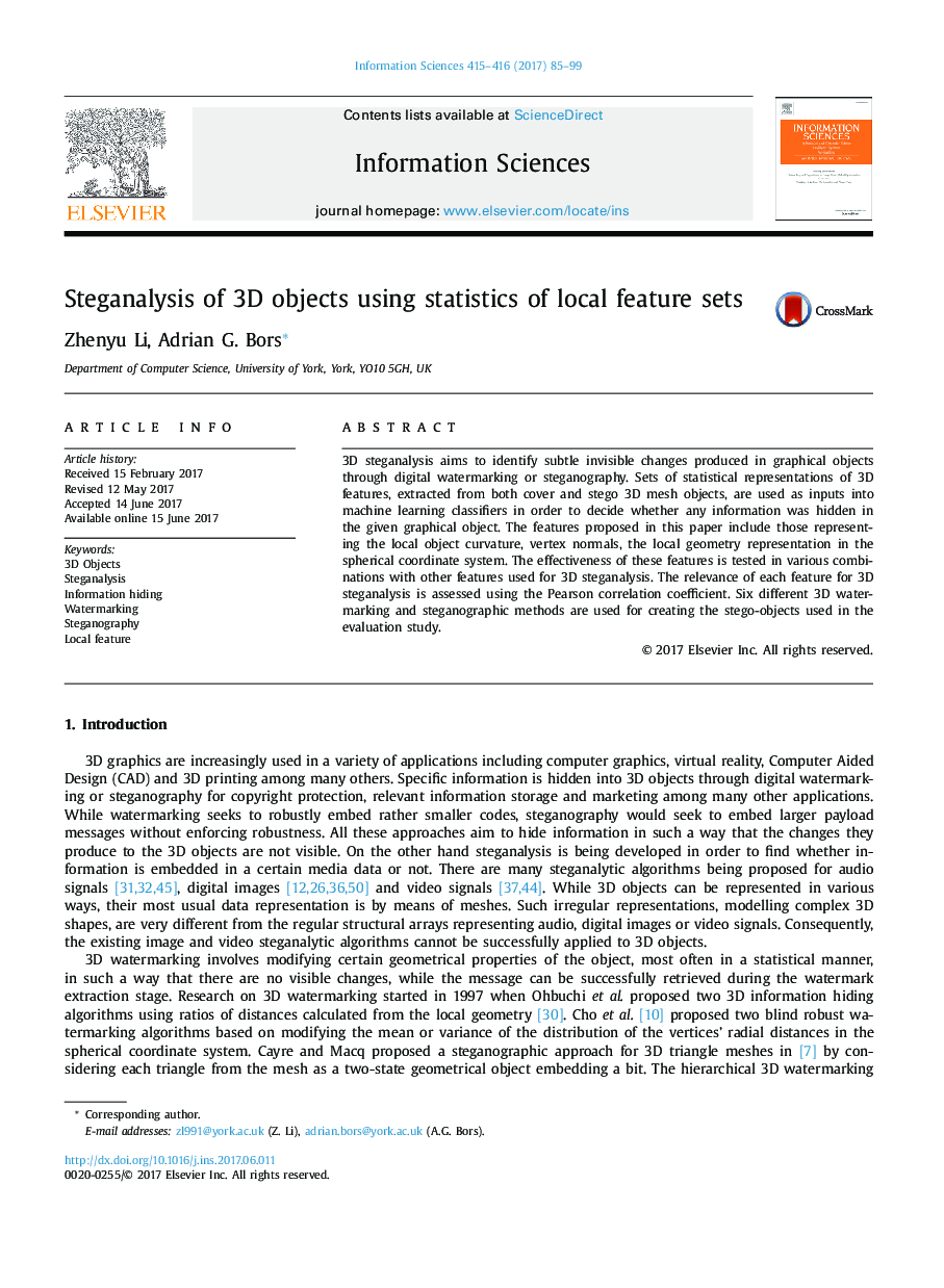 Steganalysis of 3D objects using statistics of local feature sets