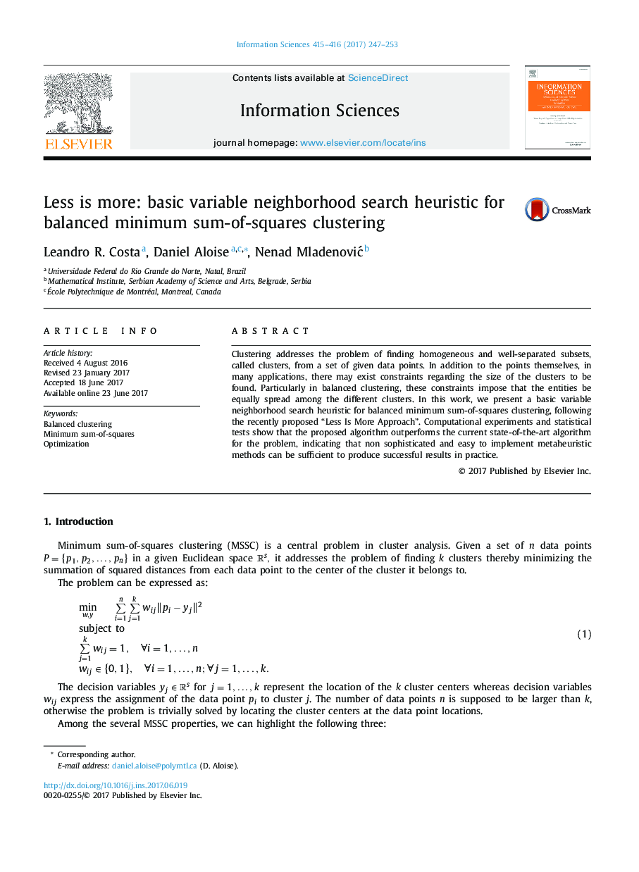 Less is more: basic variable neighborhood search heuristic for balanced minimum sum-of-squares clustering