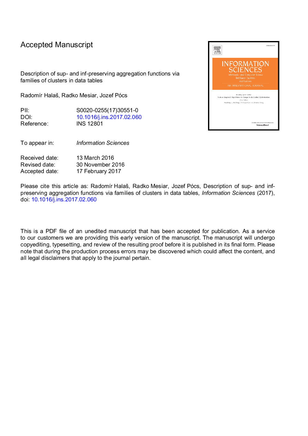 Description of sup- and inf-preserving aggregation functions via families of clusters in data tables