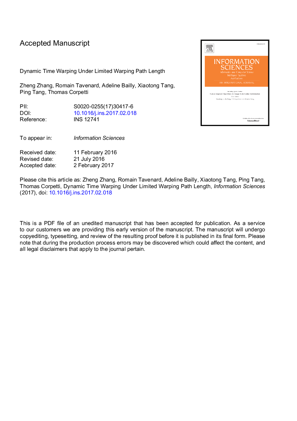 Dynamic Time Warping under limited warping path length