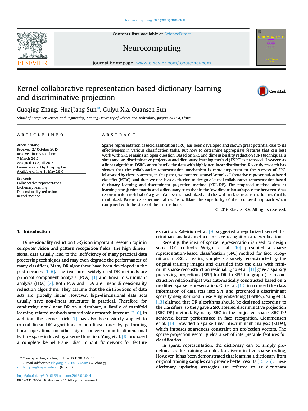 Kernel collaborative representation based dictionary learning and discriminative projection