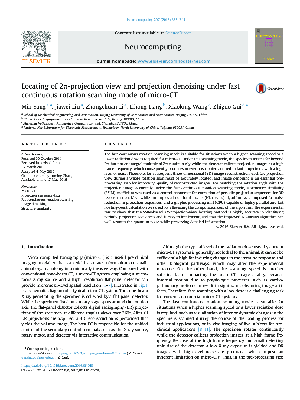 Locating of 2π-projection view and projection denoising under fast continuous rotation scanning mode of micro-CT