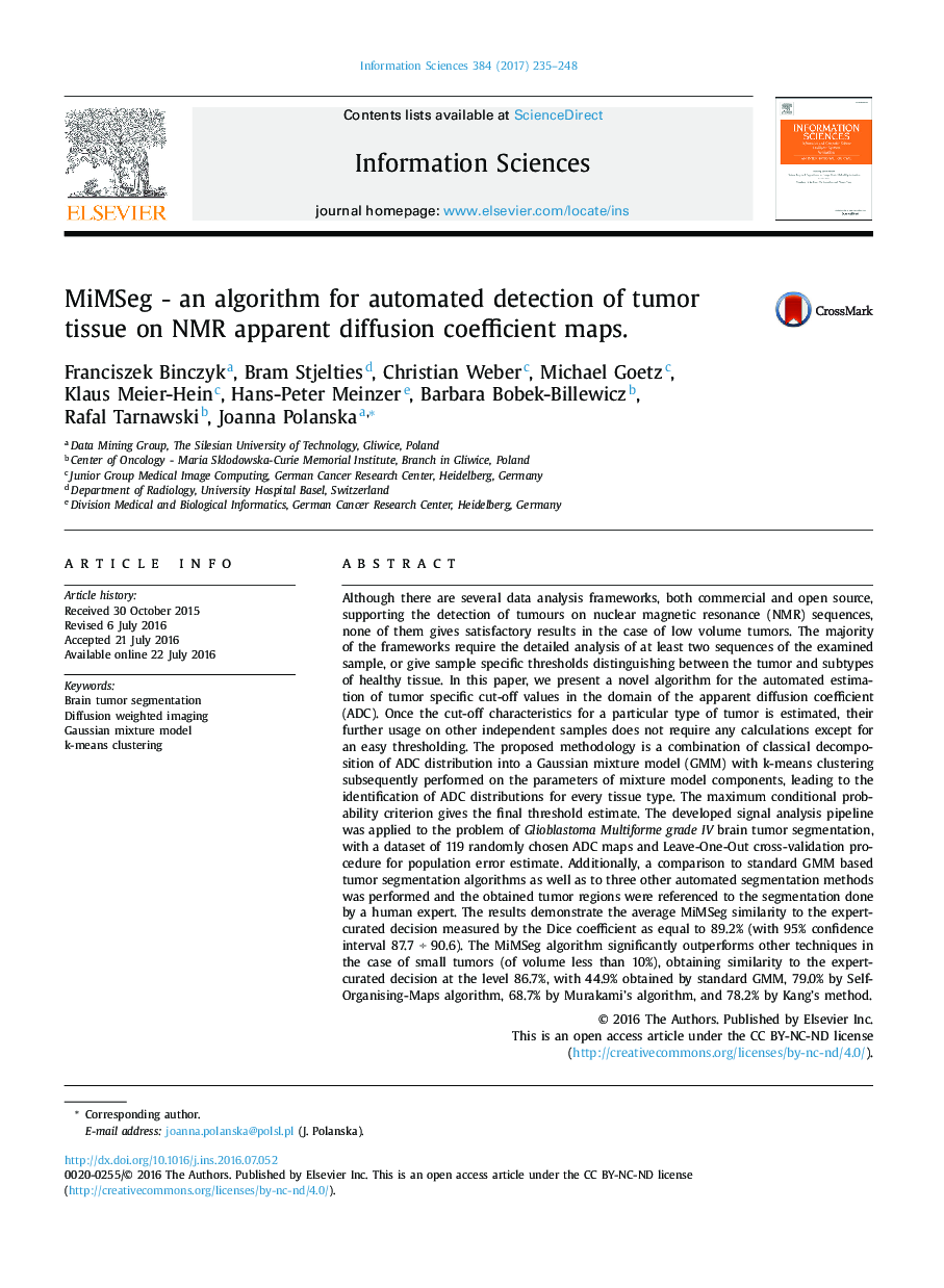 MiMSeg - an algorithm for automated detection of tumor tissue on NMR apparent diffusion coefficient maps.
