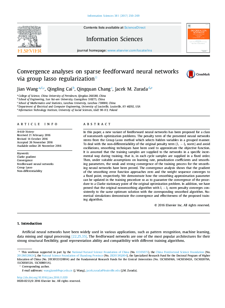 Convergence analyses on sparse feedforward neural networks via group lasso regularization