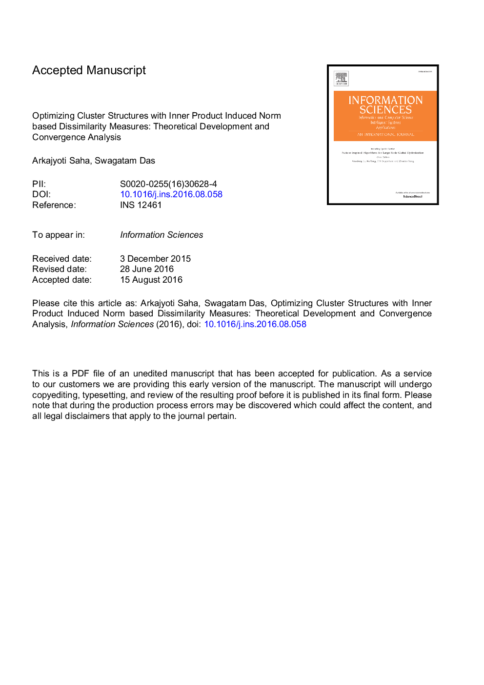 Optimizing cluster structures with inner product induced norm based dissimilarity measures: Theoretical development and convergence analysis