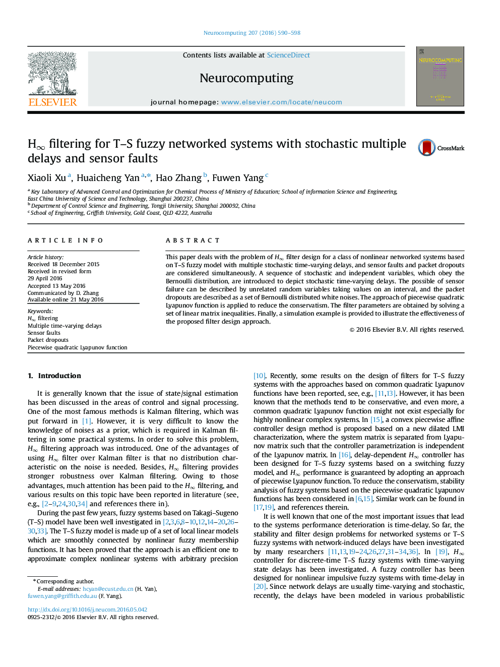 H∞ filtering for T–S fuzzy networked systems with stochastic multiple delays and sensor faults