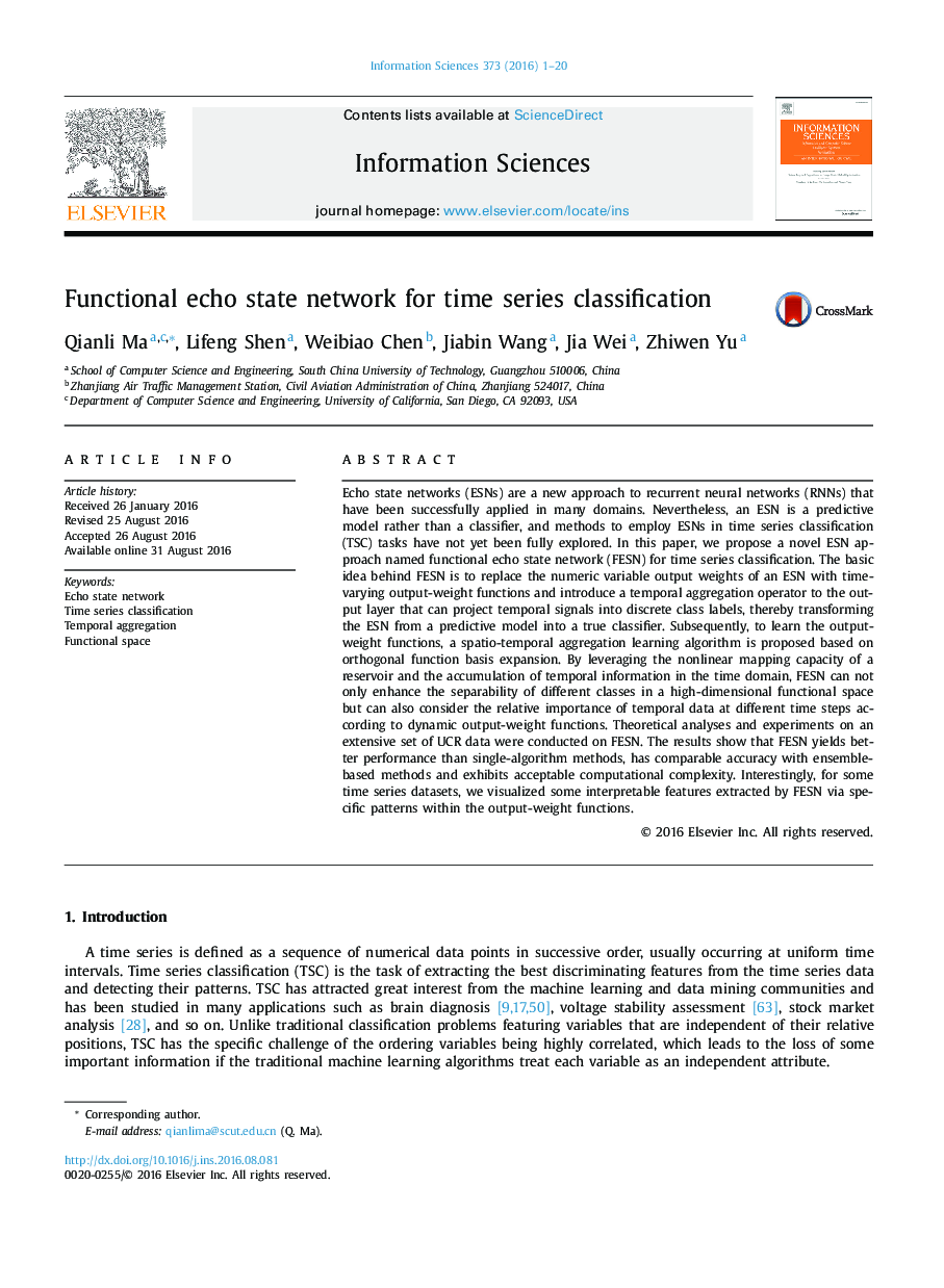 Functional echo state network for time series classification