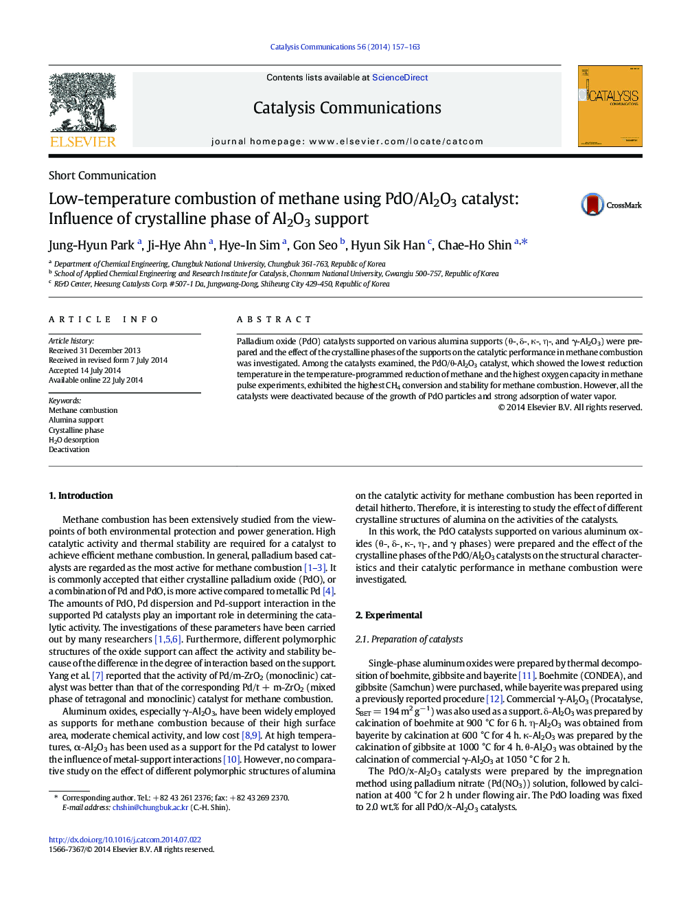 Low-temperature combustion of methane using PdO/Al2O3 catalyst: Influence of crystalline phase of Al2O3 support