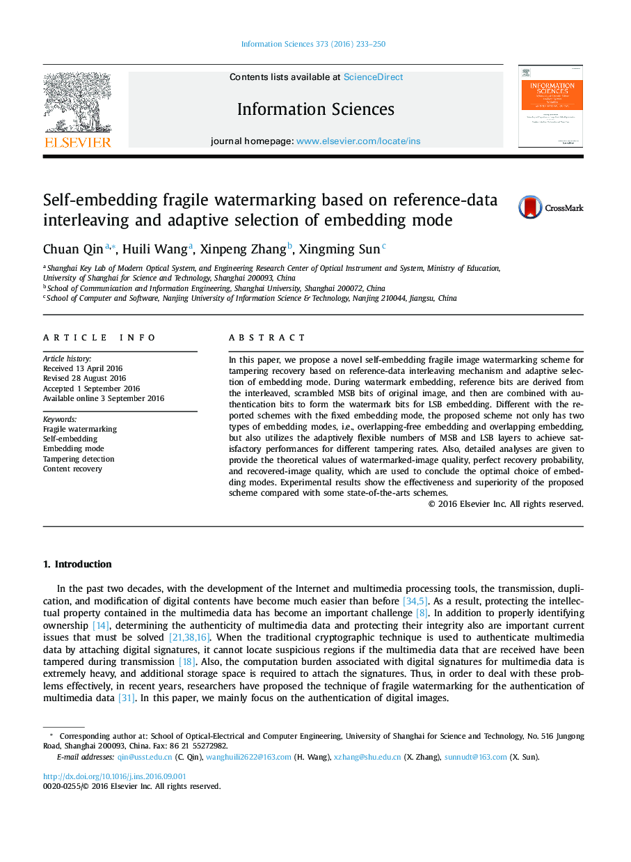 Self-embedding fragile watermarking based on reference-data interleaving and adaptive selection of embedding mode