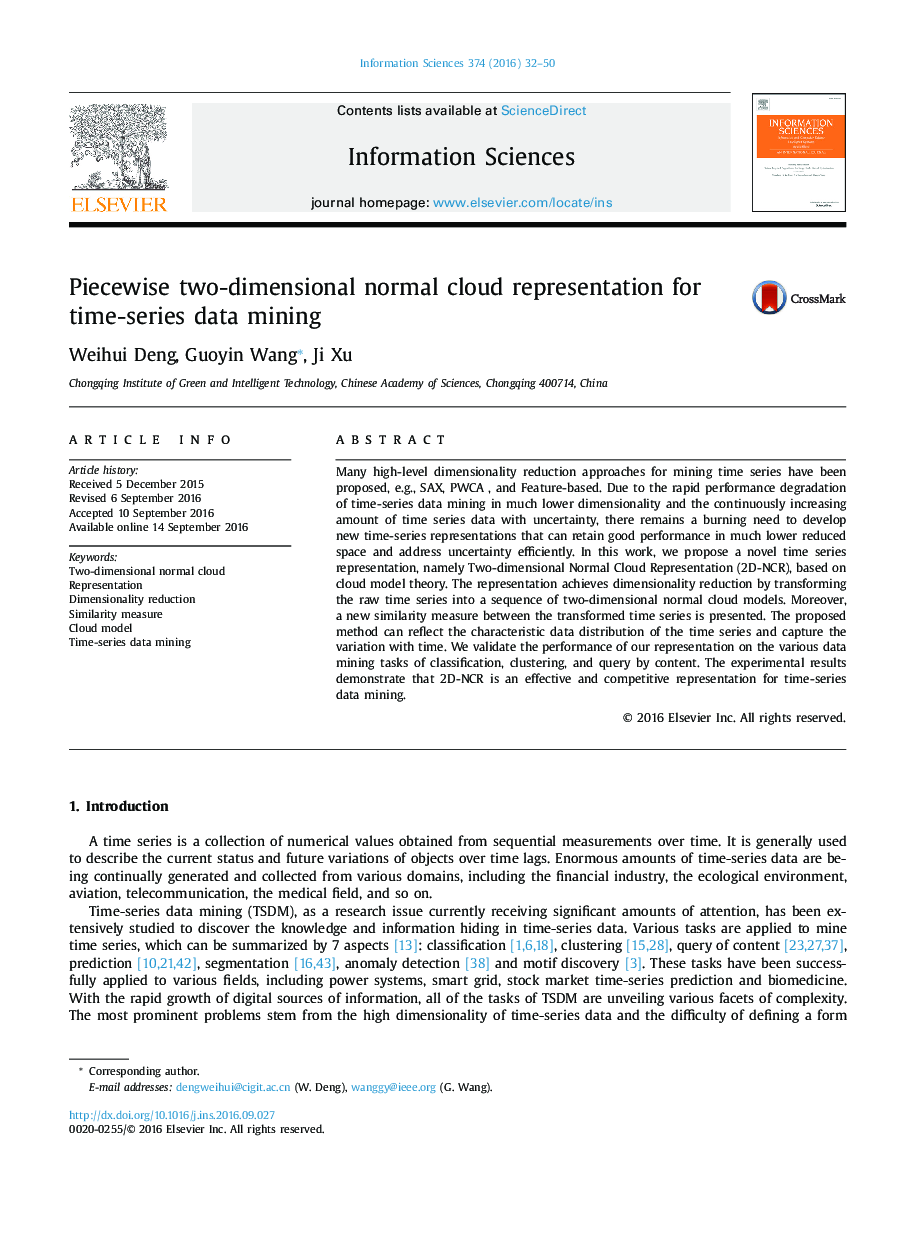 Piecewise two-dimensional normal cloud representation for time-series data mining