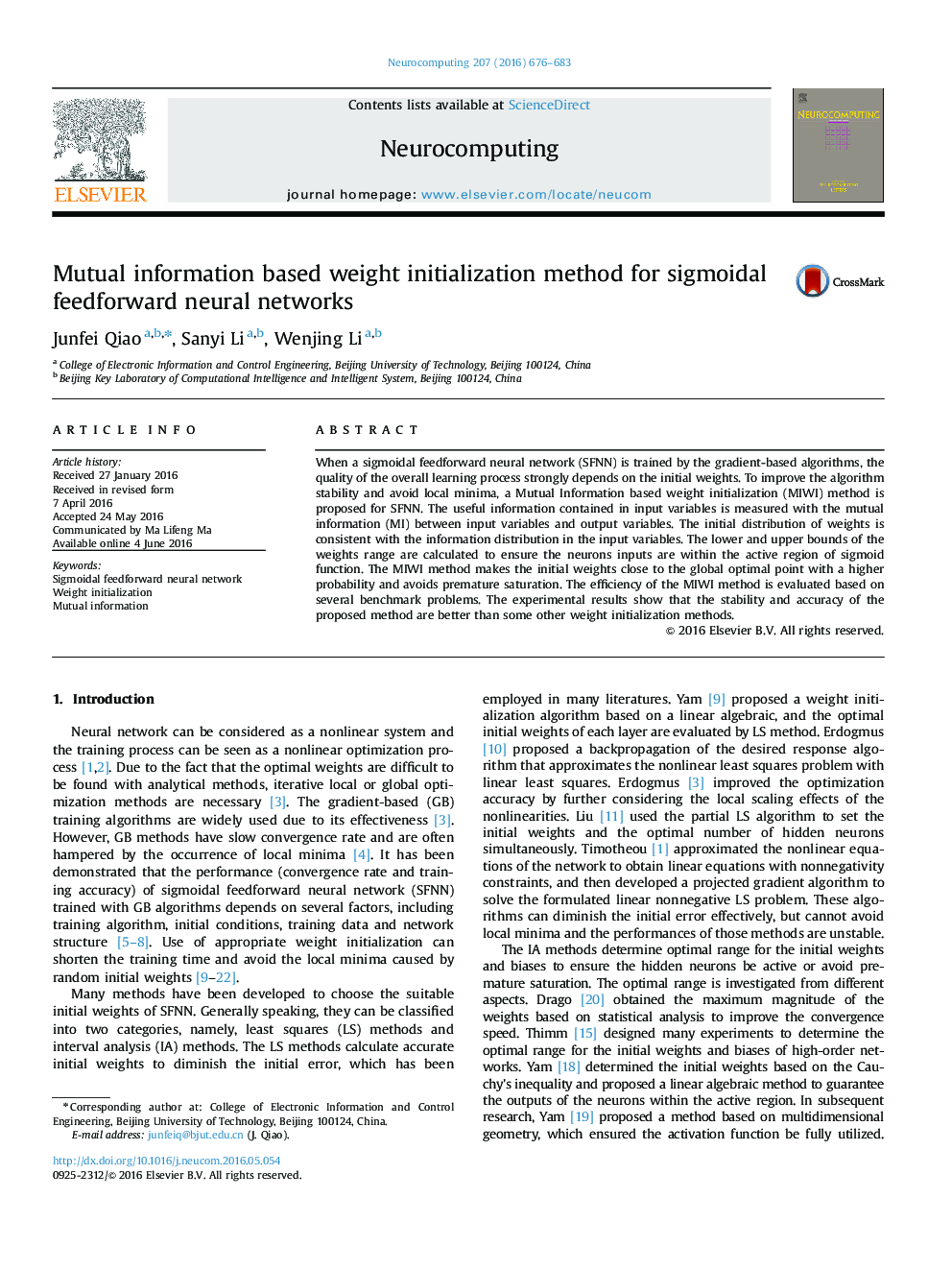Mutual information based weight initialization method for sigmoidal feedforward neural networks