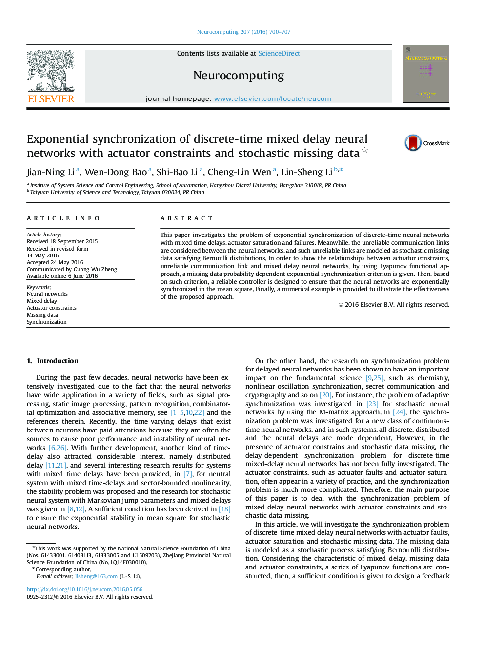 Exponential synchronization of discrete-time mixed delay neural networks with actuator constraints and stochastic missing data 