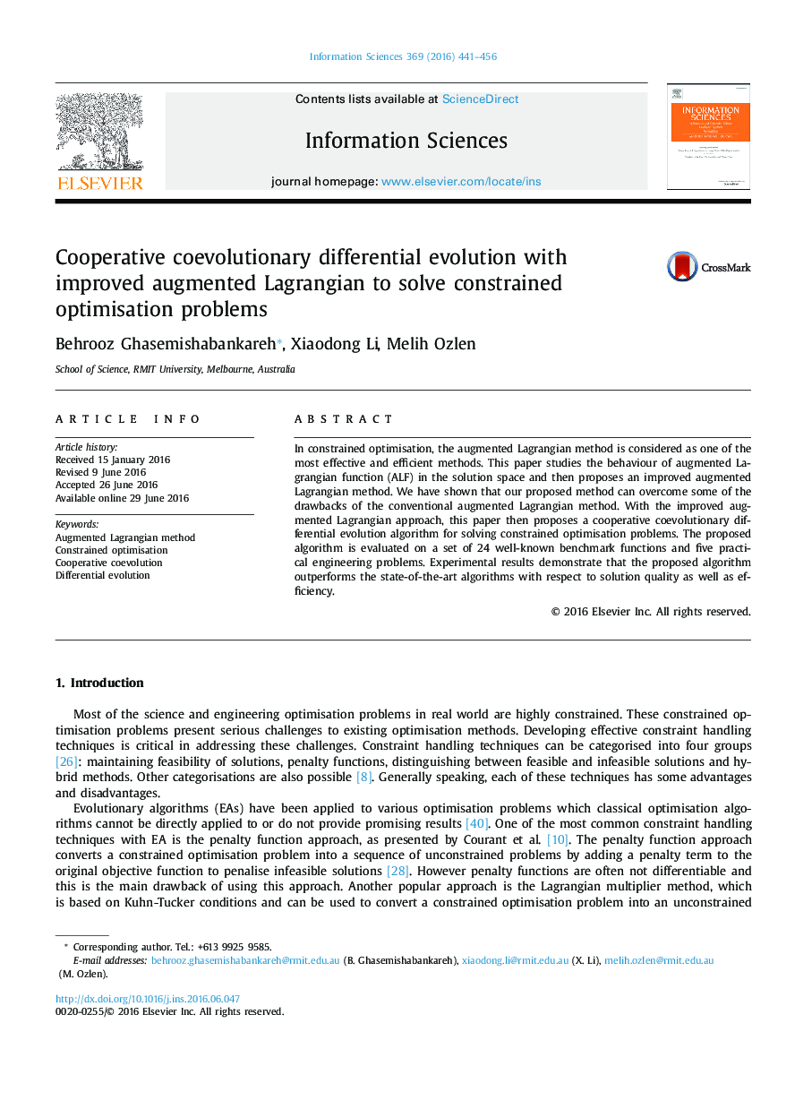 Cooperative coevolutionary differential evolution with improved augmented Lagrangian to solve constrained optimisation problems