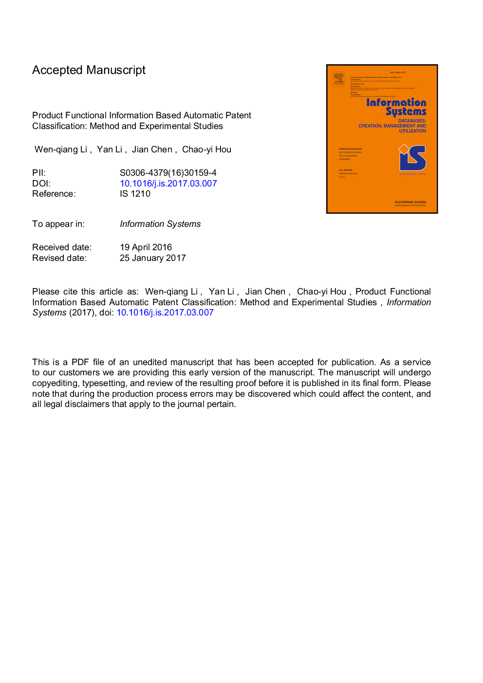 Product functional information based automatic patent classification: Method and experimental studies