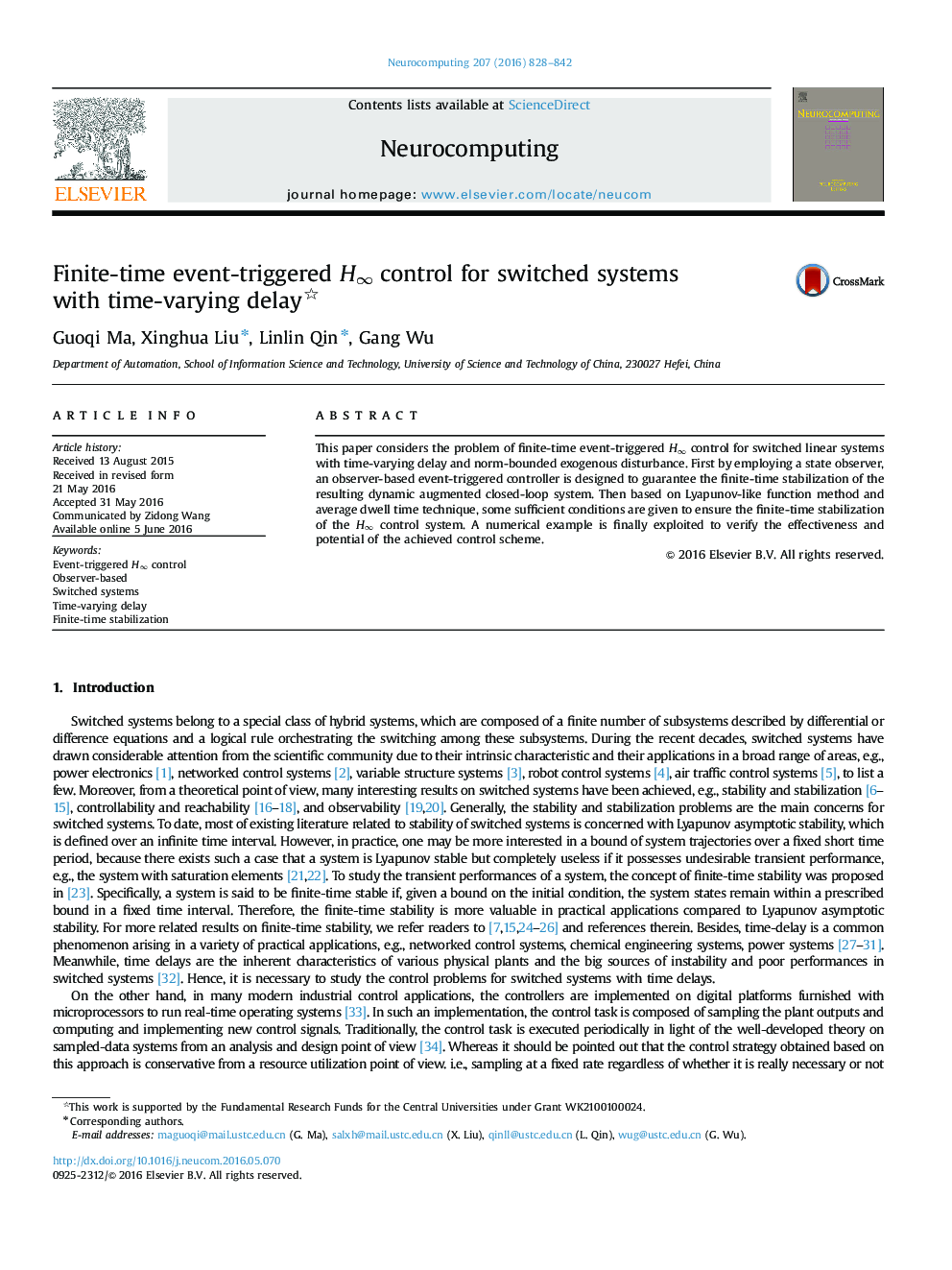 Finite-time event-triggered H∞ control for switched systems with time-varying delay 