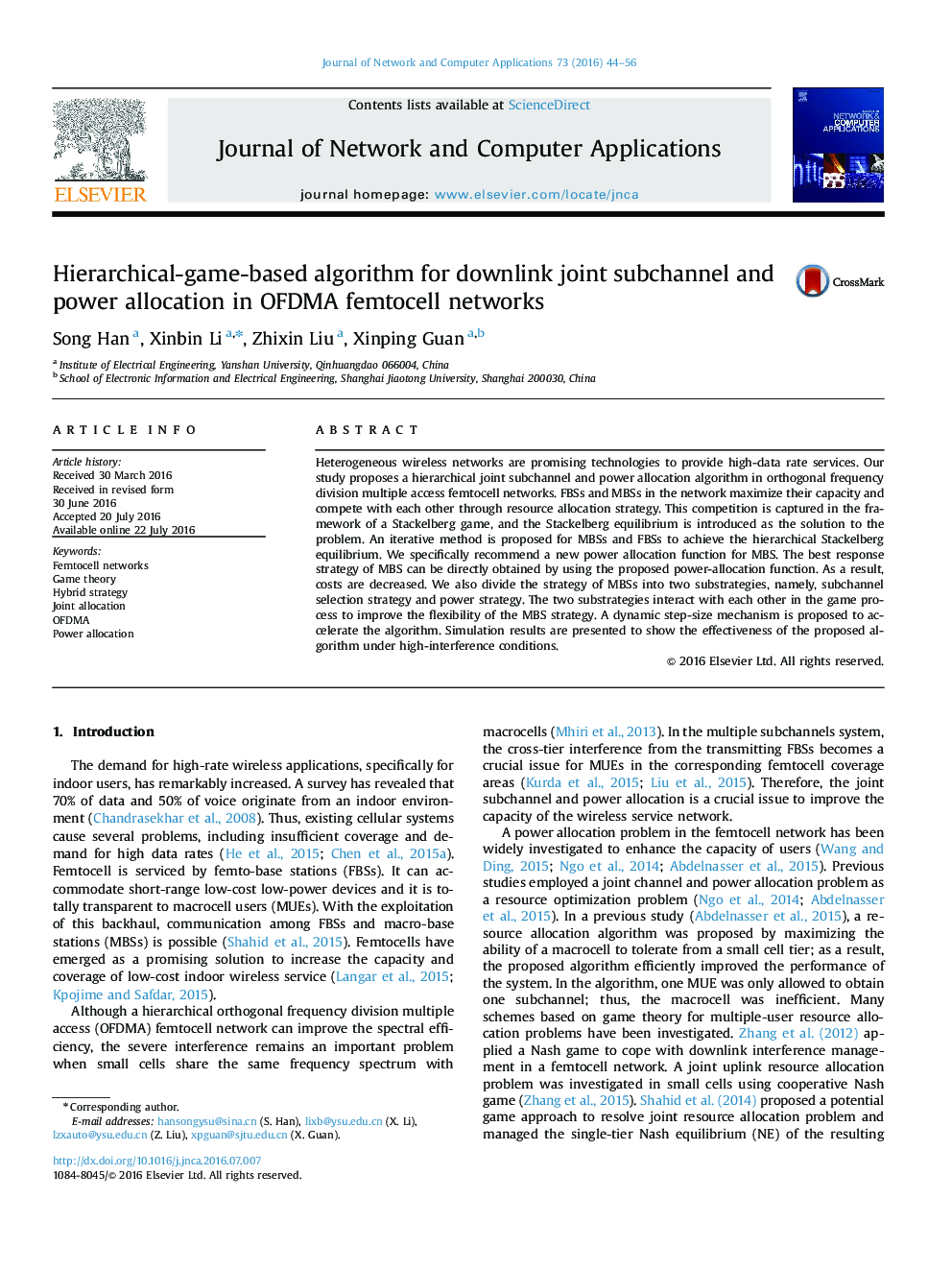 Hierarchical-game-based algorithm for downlink joint subchannel and power allocation in OFDMA femtocell networks