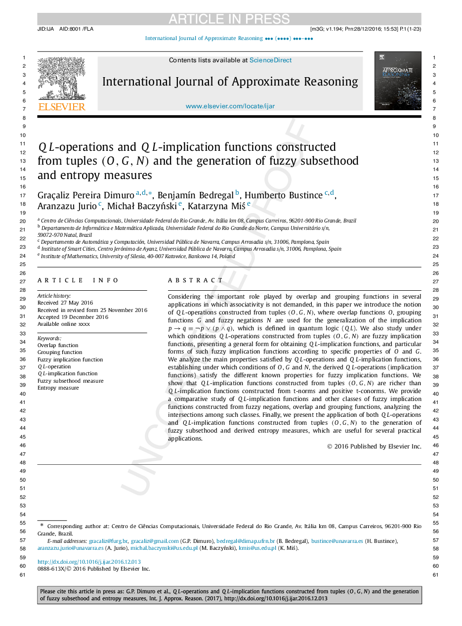 QL-operations and QL-implication functions constructed from tuples (O,G,N) and the generation of fuzzy subsethood and entropy measures