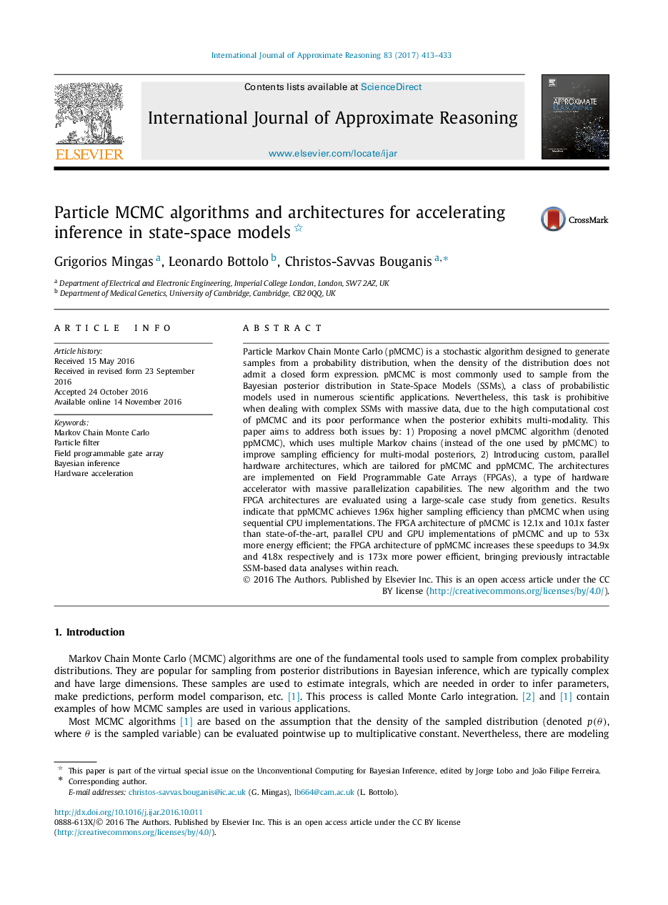 Particle MCMC algorithms and architectures for accelerating inference in state-space models