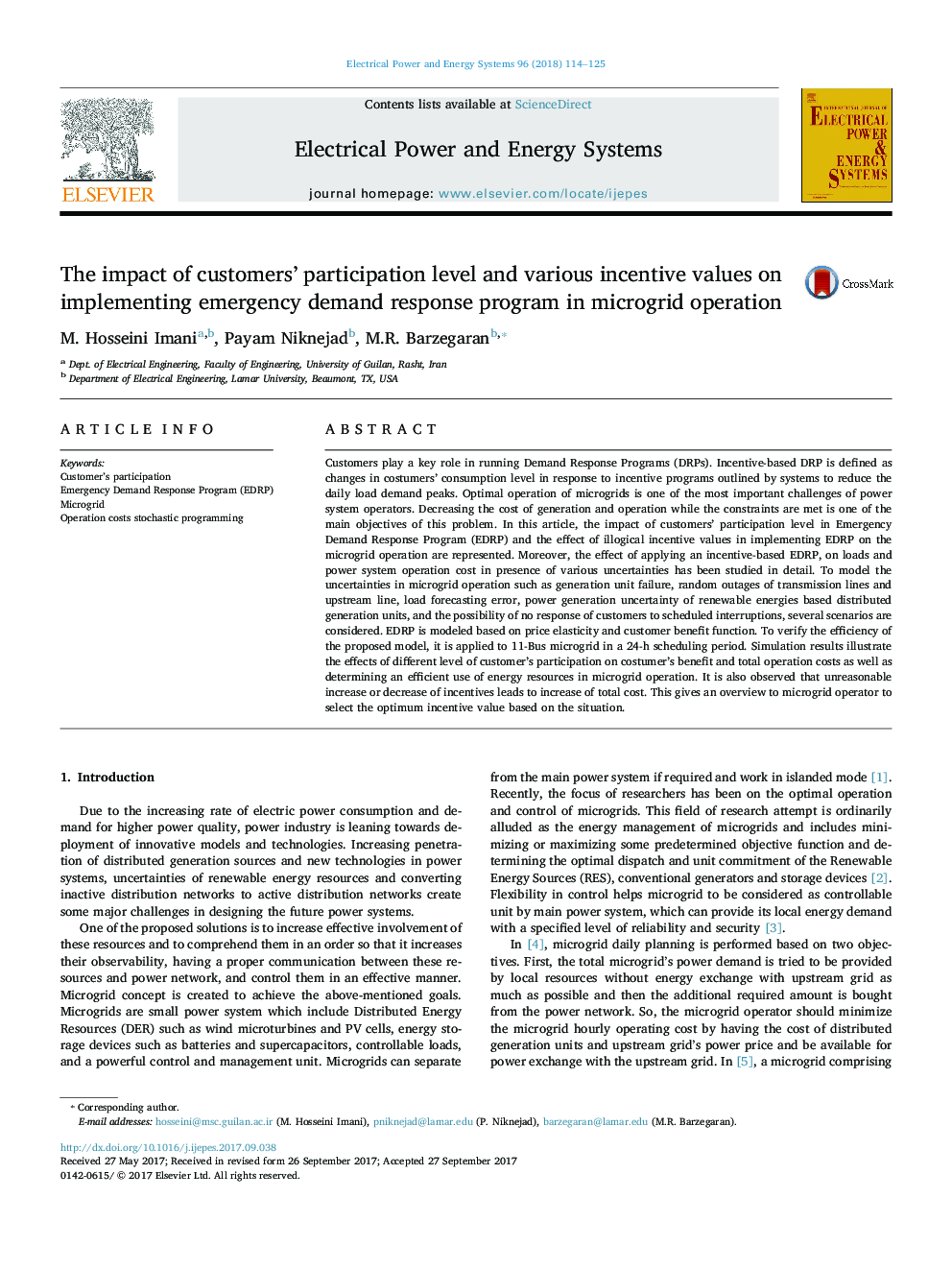 عکس صفحه اول مقاله: The impact of customers' participation level and various incentive values on implementing emergency demand response program in microgrid operation The impact of customers' participation level and various incentive values on implementing emergency demand response program in microgrid operation