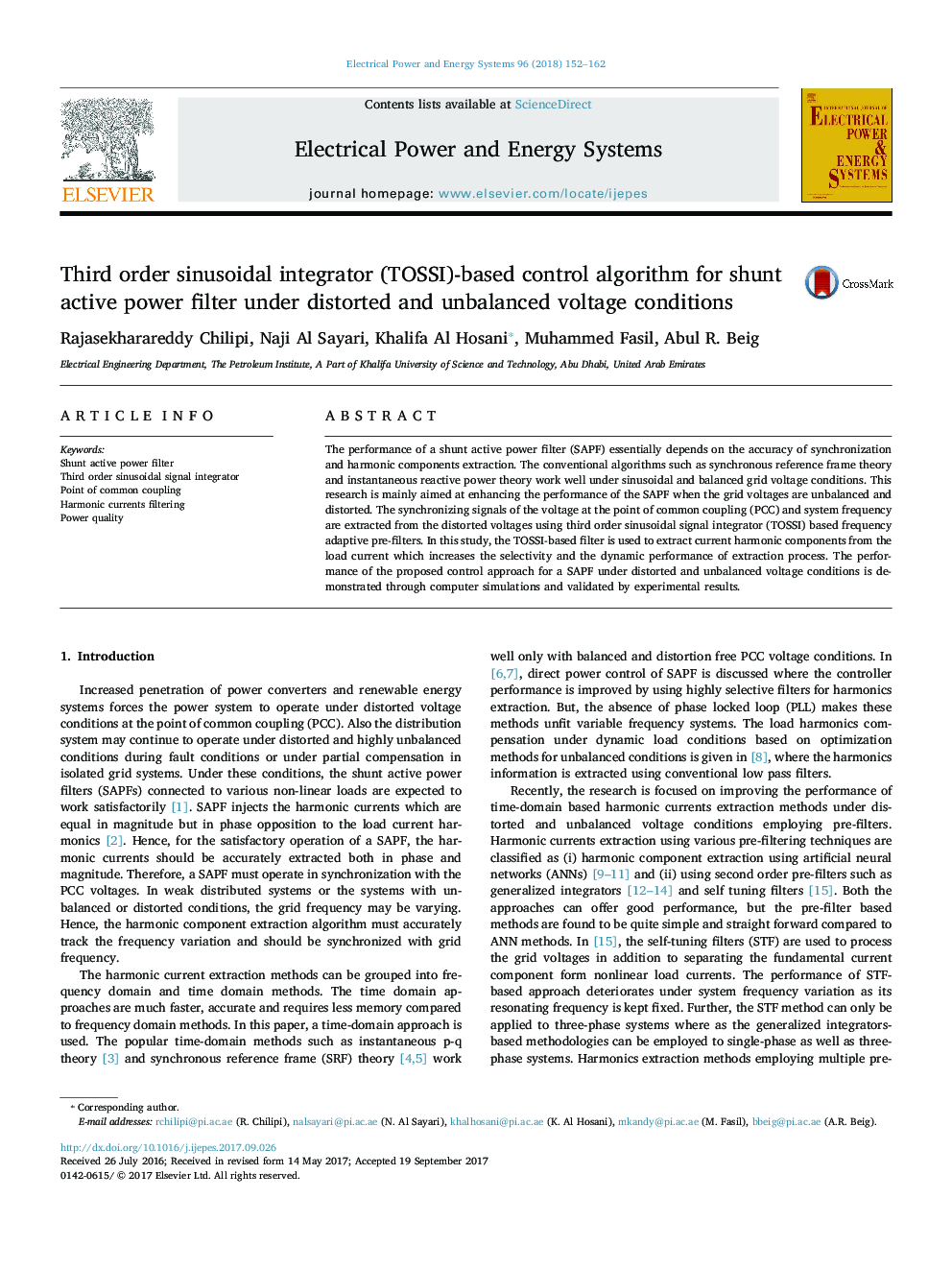 Third order sinusoidal integrator (TOSSI)-based control algorithm for shunt active power filter under distorted and unbalanced voltage conditions