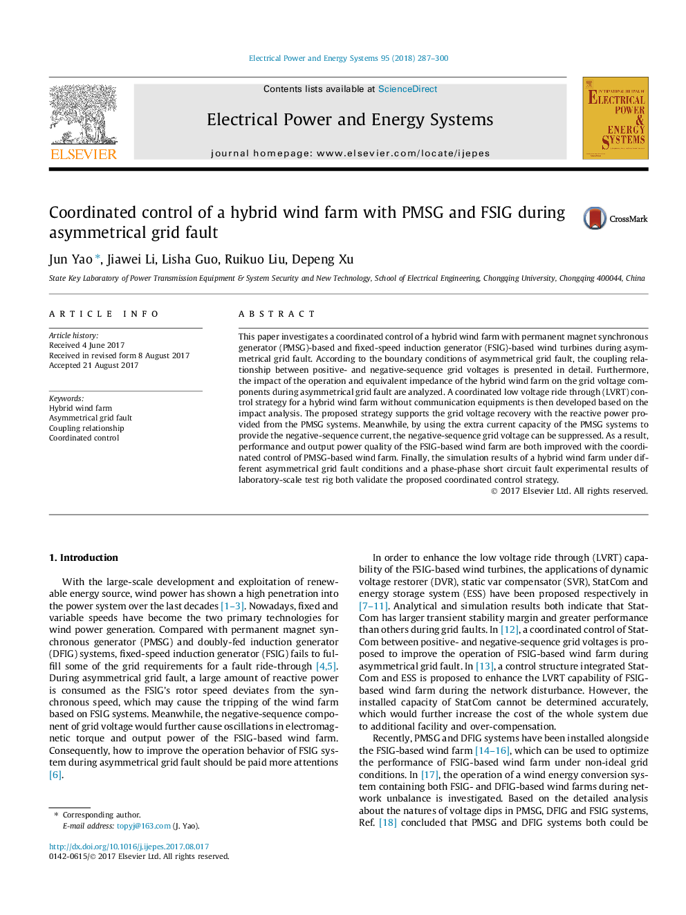 Coordinated control of a hybrid wind farm with PMSG and FSIG during asymmetrical grid fault