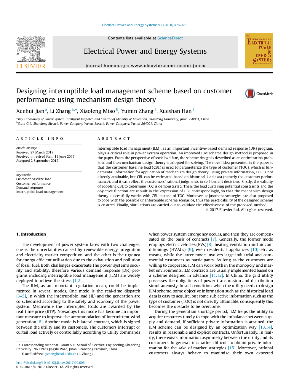 Designing interruptible load management scheme based on customer performance using mechanism design theory