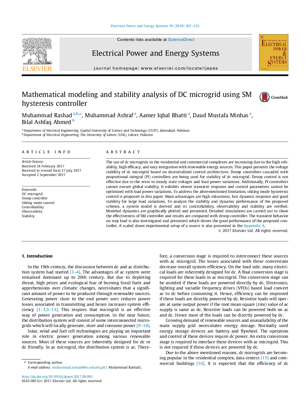 Mathematical modeling and stability analysis of DC microgrid using SM hysteresis controller