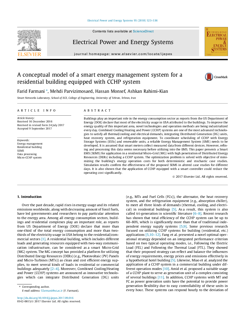 A conceptual model of a smart energy management system for a residential building equipped with CCHP system