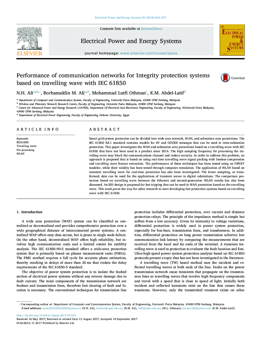 Performance of communication networks for Integrity protection systems based on travelling wave with IEC 61850